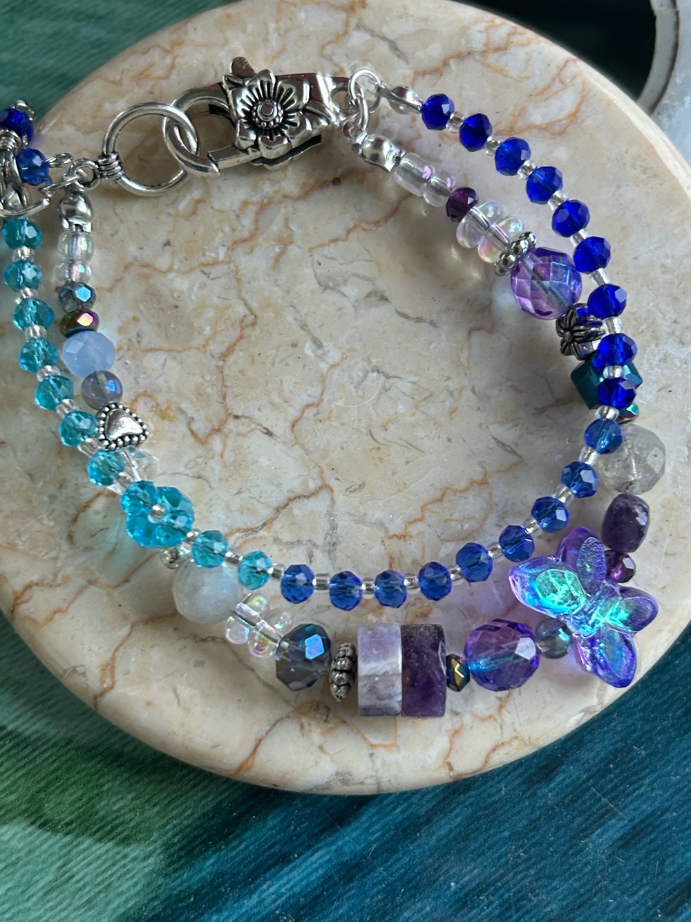 Handmade Purple & Blue Beaded Bracelet with Butterfly Accent OOAK